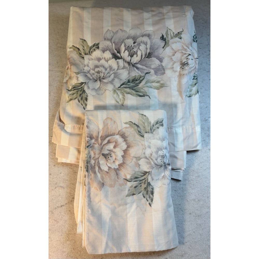 Vintage Cannon Pink Floral Stripe No Iron Queen Flat Bedsheet & 1 Pillowcase